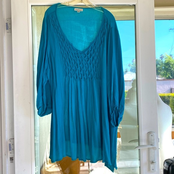 AVENUE TEAL TURQUOISE V-NECK PEASANT BLOUSE CRINKLE TOP PUFFED SLEEVES S… - Picture 2 of 9